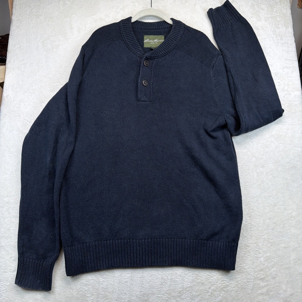 Eddie Bauer Men's Henley Sweater Large Tall LT Navy 100% Cotton Rib Knit